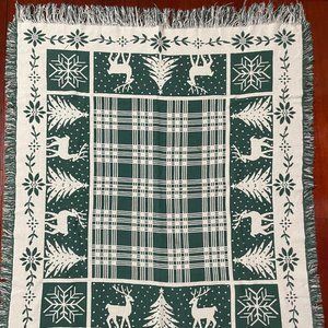 Reindeer green white christmas blanket throw vintage 52x47